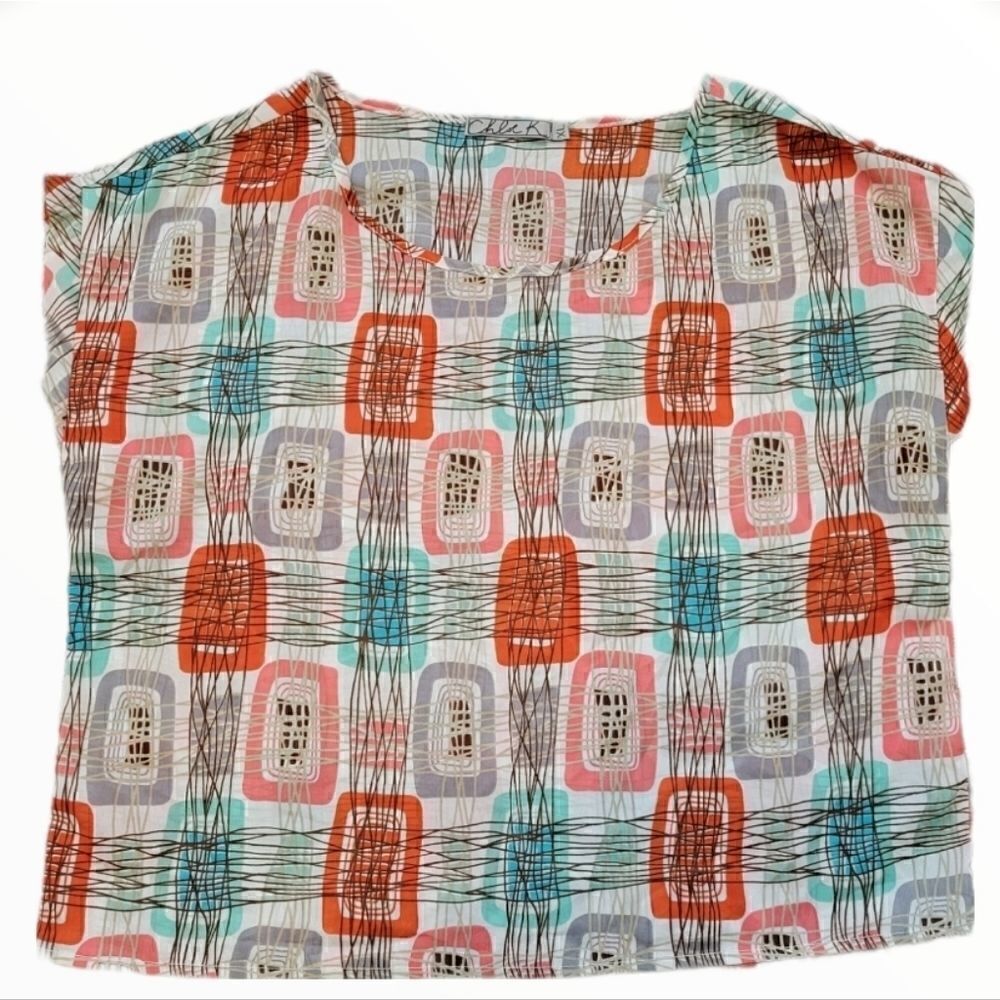 CHLOE K SHEER CAP SLEEVE DOLMAN ABSTRACT PRINT BLOUSE SZ. XL